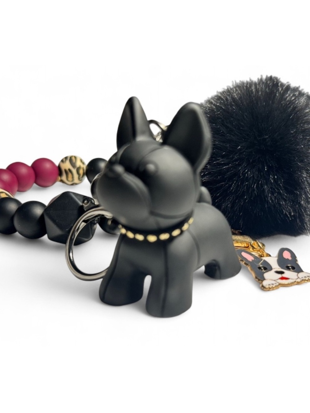 Black & Burgundy Frenchie Pom Pom Beaded Keychain - Picture 3 of 6